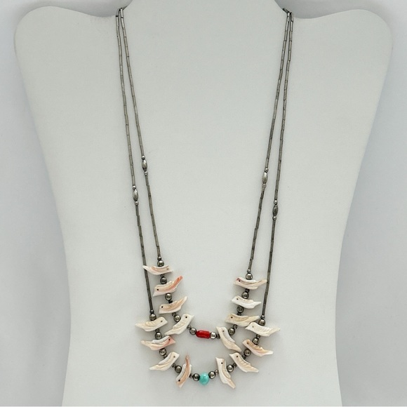 Vintage Southwestern Two Strand Fetish Turquoise Coral Sterling Silver Necklace - Picture 4 of 13